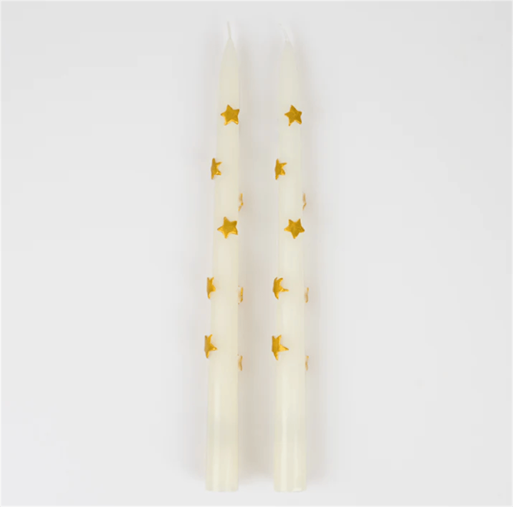 Meri Meri - Gold Star Taper Candle - Altın Yıldız Detaylı Mumlar (2'Li)