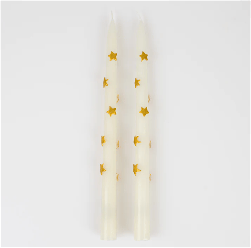 Meri Meri - Gold Star Taper Candle - Altın Yıldız Detaylı Mumlar (2'li)