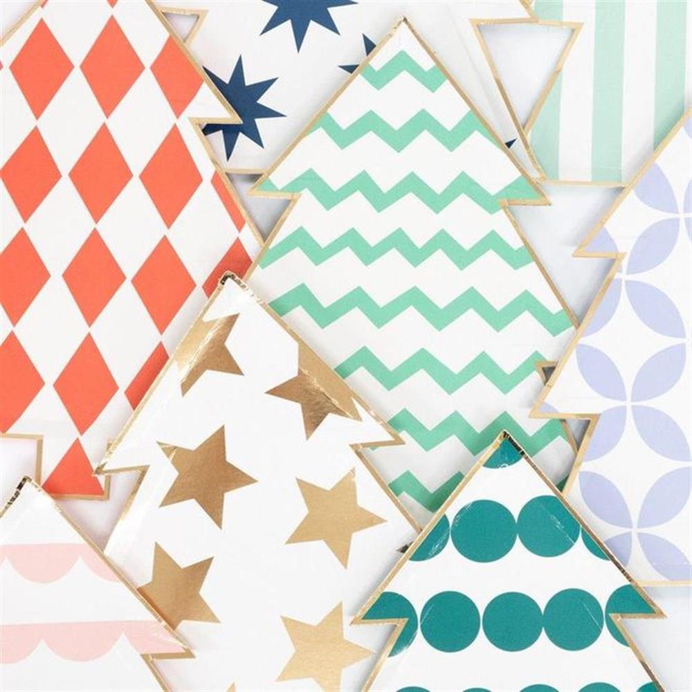 Meri Meri - Patterned Christmas Tree Plates - Yeni Yıl Ağacı Şekilli Tabaklar - 8'li
