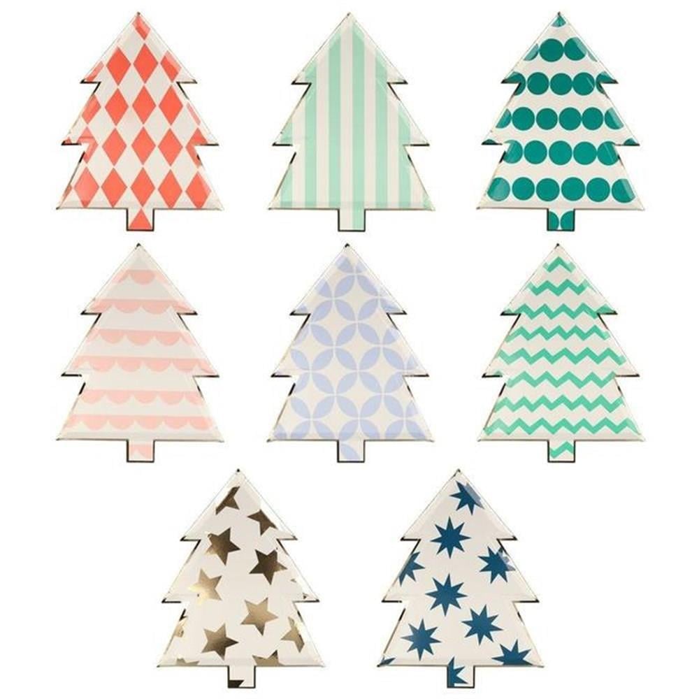 Meri Meri - Patterned Christmas Tree Plates - Yeni Yıl Ağacı Şekilli Tabaklar - 8'li
