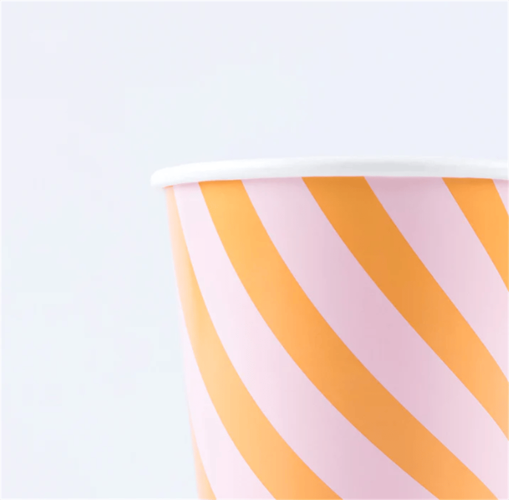 Meri Meri - Pink & Orange Stripy Cups - Pembe & Turuncu Çizgili Bardaklar (8'Li)