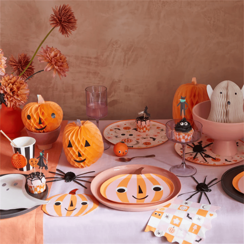 Meri Meri - Pink & Orange Stripy Pumpkin Plates - Pembe & Turuncu Çizgili Balkabağı Tabaklar (8'Li)