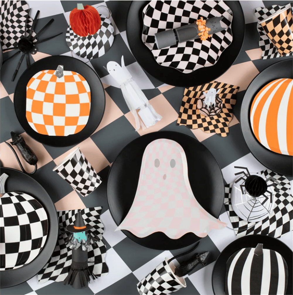 Meri Meri - Pink Checker Ghost Plates - Pembe Hayalet Tabaklar (8'Li)