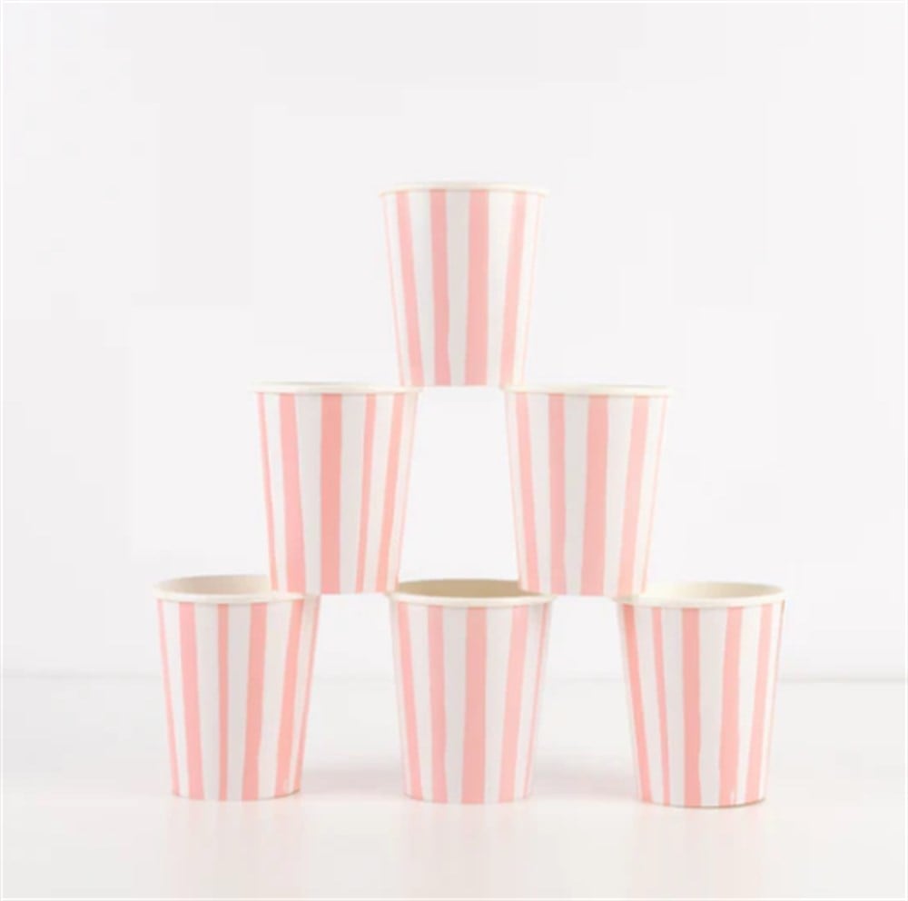 Meri Meri - Pink Stripe Cups - Pembe Çizgili Bardaklar - 8'Li