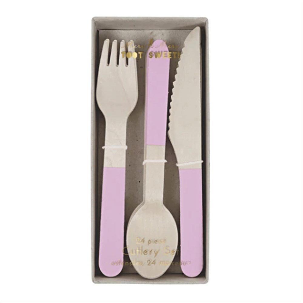 Meri Meri - Pink Wooden Cutlery Set - Pembe Tahta Çatal-Kaşık-Bıçak Set