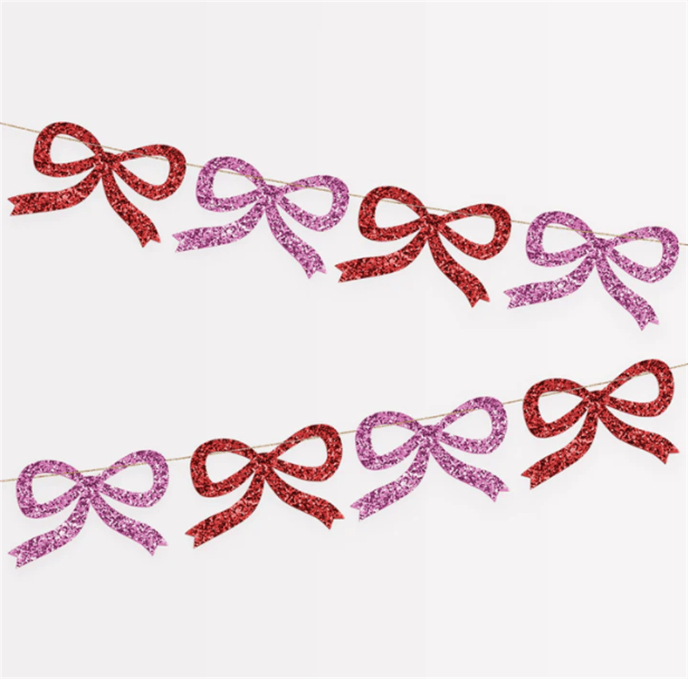 Meri Meri - Red & Pink Glitter Bow Garland - Kırmızı & Pembe Parıltılı Kurdele Asılan Süs