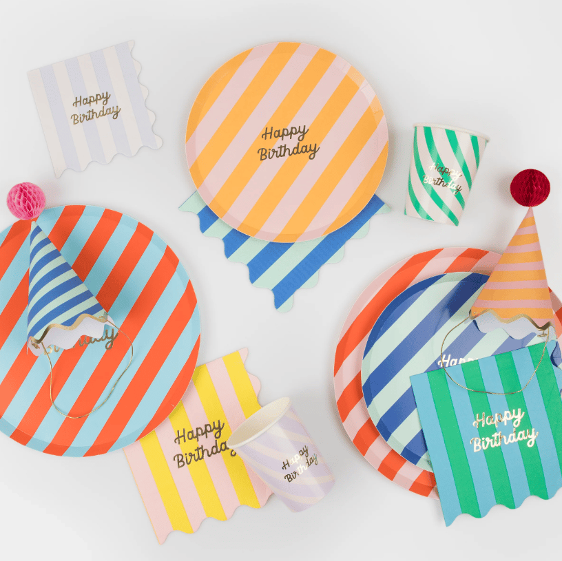 Meri Meri - Stripe Happy Birthday Dinner Plates - Çizgili Happy Birthday Tabaklar (L) (x8)