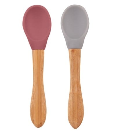 OiOi Bambu Saplı Silikon Kaşık İkili Set, Powder Grey-Velvet Rose Tabaklar OiOi