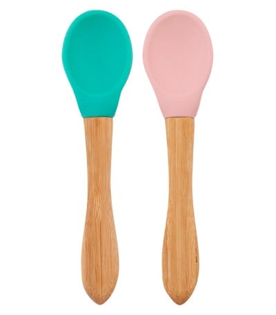 OiOi Bambu Saplı Silikon Kaşık İkili Set, Aqua Green-Pinky Pink Tabaklar OiOi