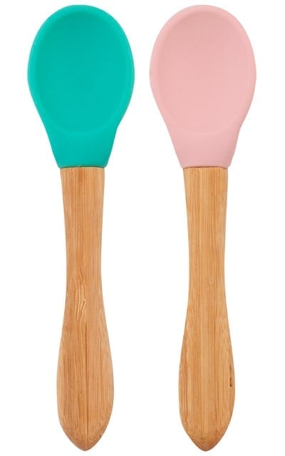OiOi OiOi Bambu Saplı Silikon Kaşık İkili Set, Aqua Green-Pinky Pink Tabaklar