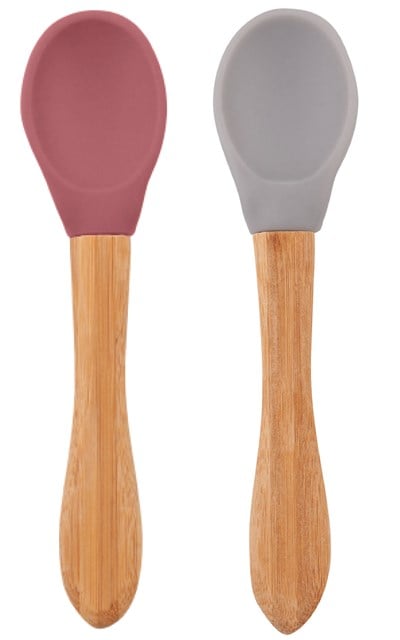 OiOi OiOi Bambu Saplı Silikon Kaşık İkili Set, Powder Grey-Velvet Rose Tabaklar