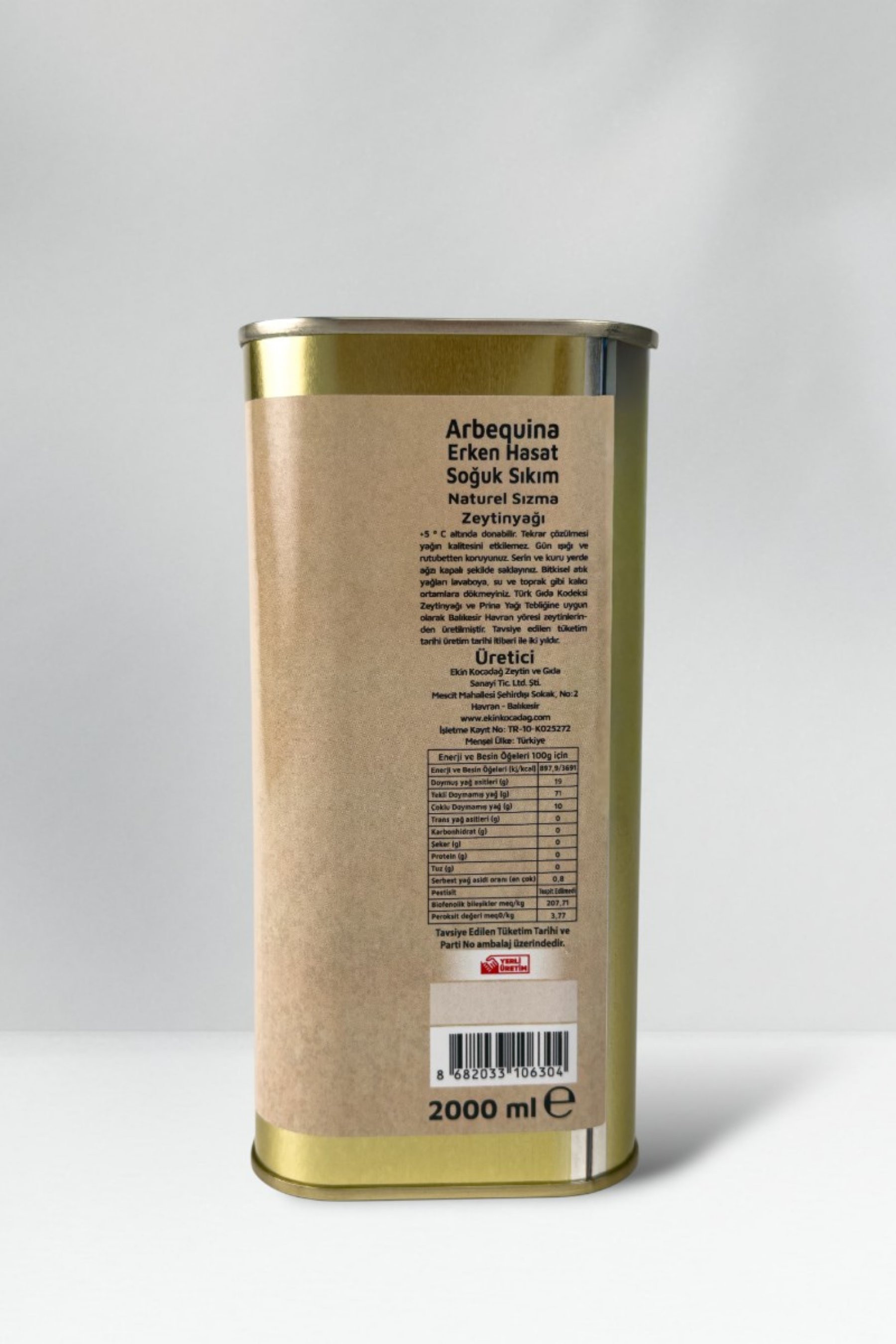 Arbequina Soğuk Sıkım Erken Hasat Zeytinyağı 2lt