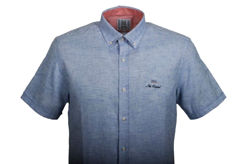  Erkek Mavi Kısa Kol Yazlık Gömlek Slim Fit Düğme Yaka Pamuklu İnce Kumaş JEANS 7174 SHİRT