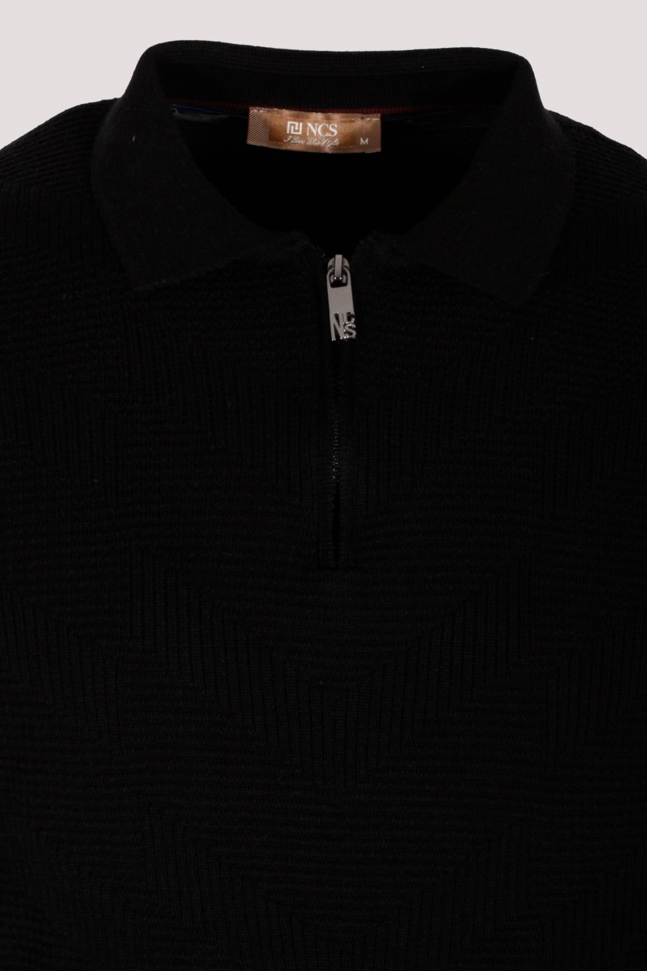 Erkek Polo Yaka Triko Siyah Slim Fit Yarım Fermuarlı Balık Sırt Desenli Pamuklu Kazak NCS JEANS 3006