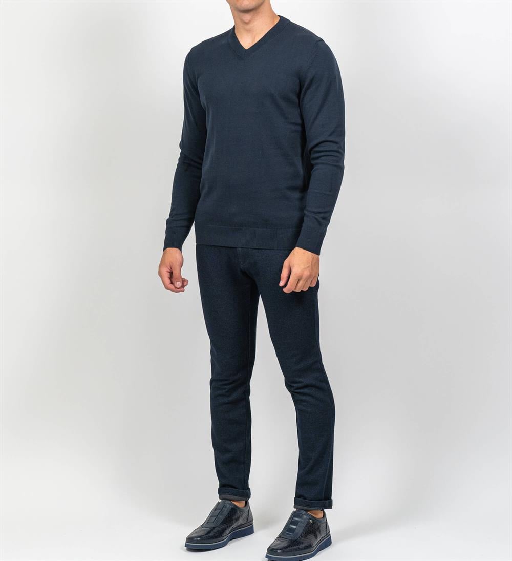 Lacivert Erkek V Yaka Triko Slim Fit Pamuklu Kazak NCS JEANS 3002