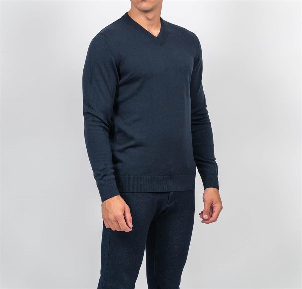 Lacivert Erkek V Yaka Triko Slim Fit Pamuklu Kazak NCS JEANS 3002