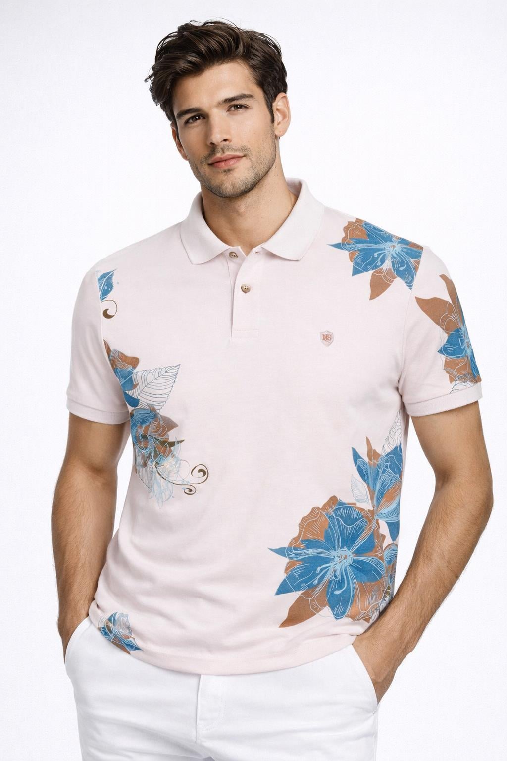 NCS JEANSErkek Polo Yaka Tişört BEJ %100 Pamuk Slim Fit Ribana'lı Kol Floral Desenli T-shirt NCS JEANS 11891189