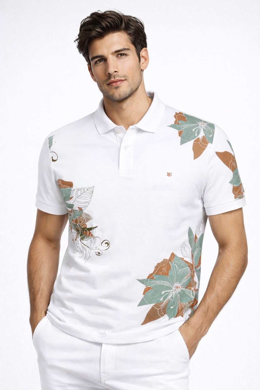 NCS Erkek Polo Yaka Tişört Beyaz %100 Pamuk Slim Fit Ribana'lı Kol Floral Desenli T-shirt NCS JEANS