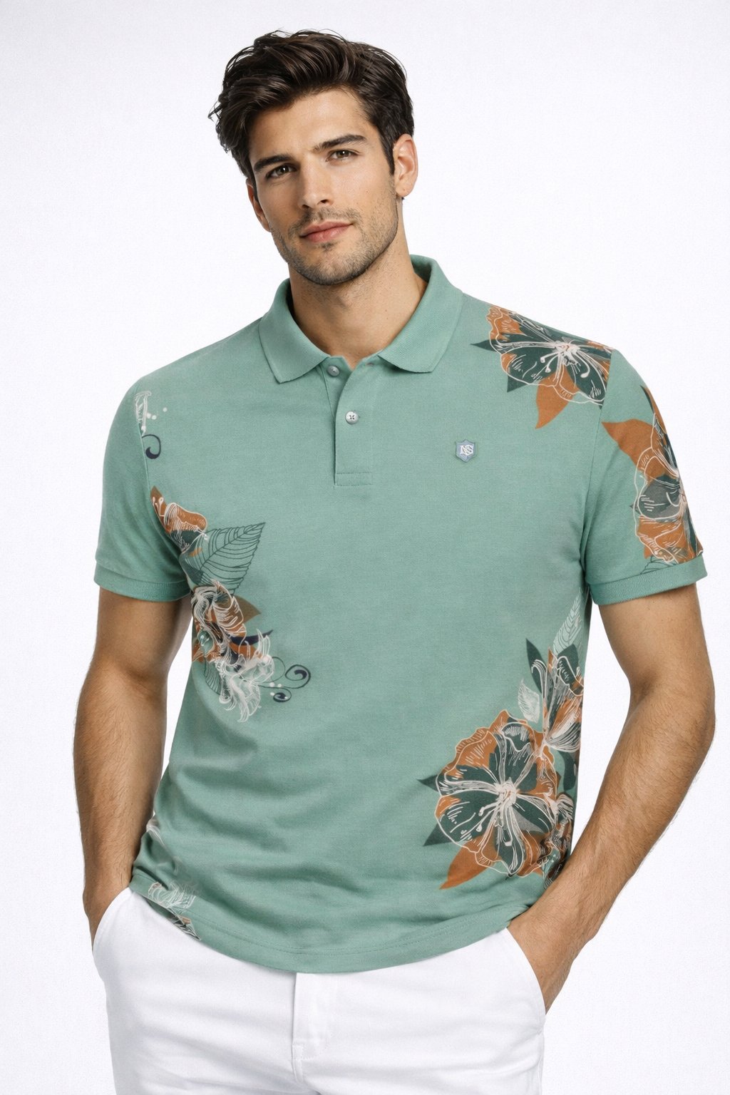 NCS Erkek Polo Yaka Tişört ÇAĞLA %100 Pamuk Slim Fit Ribana'lı Kol Floral Desenli T-shirt NCS JEANS