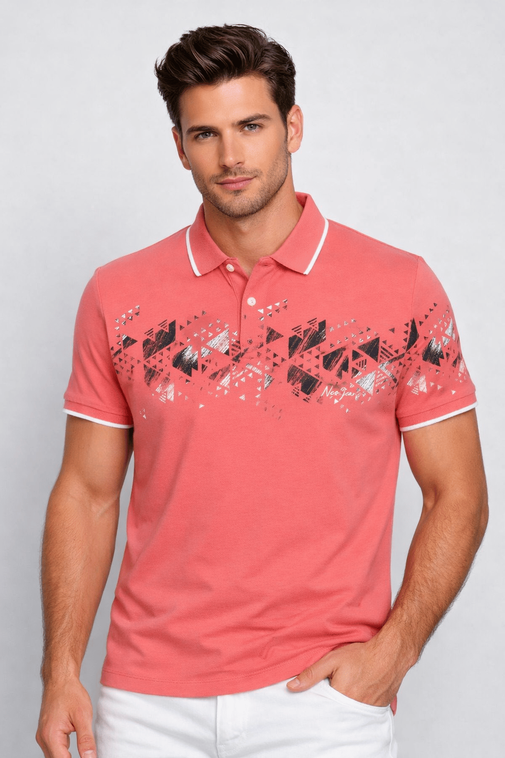 NCS JEANSErkek Polo Yaka Tişört Nar Çiçeği Slim Fit Ribanalı %100 Pamuk Desenli T-shirt NCS JEANS 12141214