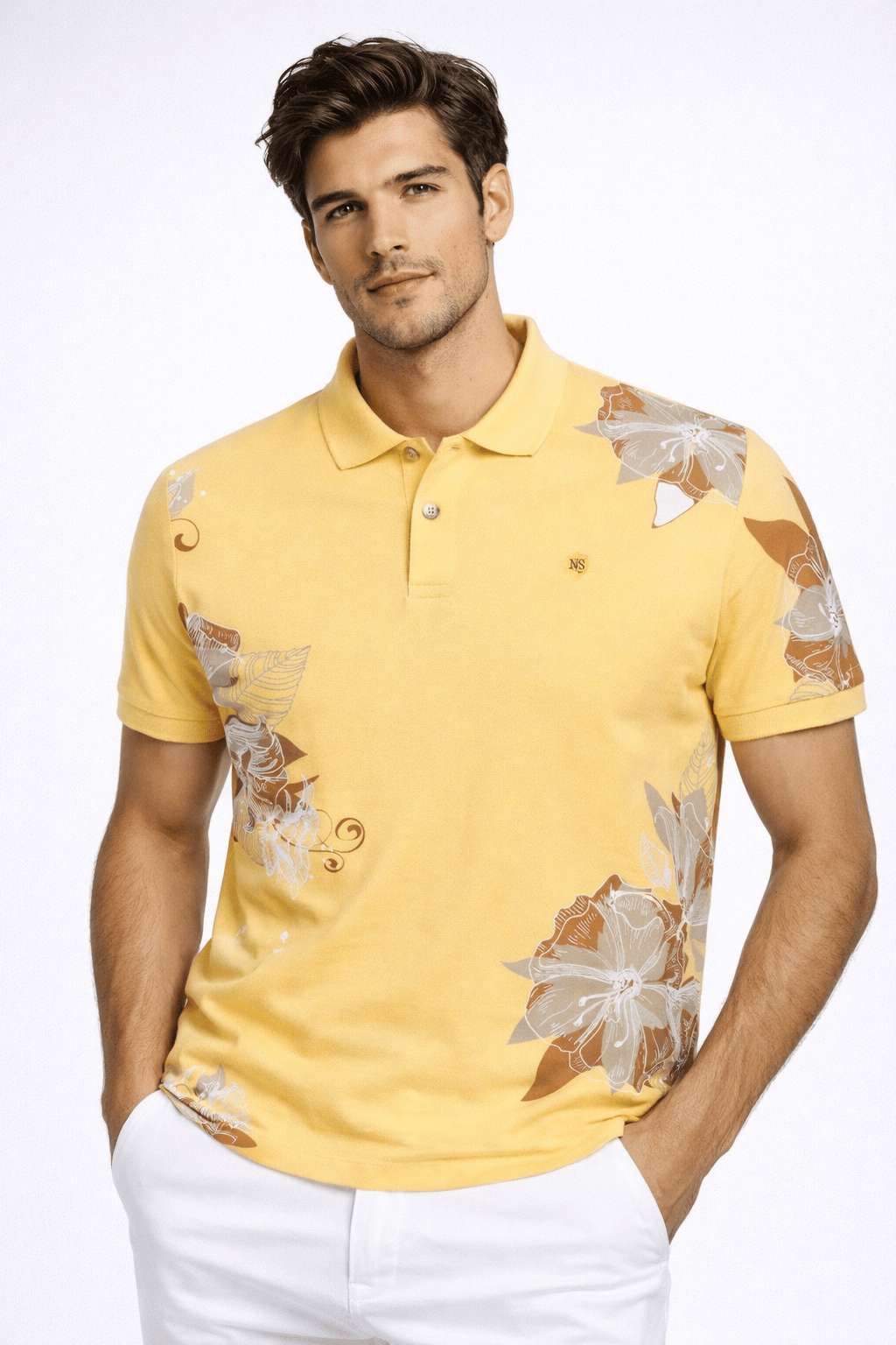 NCS Erkek Polo Yaka Tişört SARI %100 Pamuk Slim Fit Ribana'lı Kol Floral Desenli T-shirt NCS JEANS
