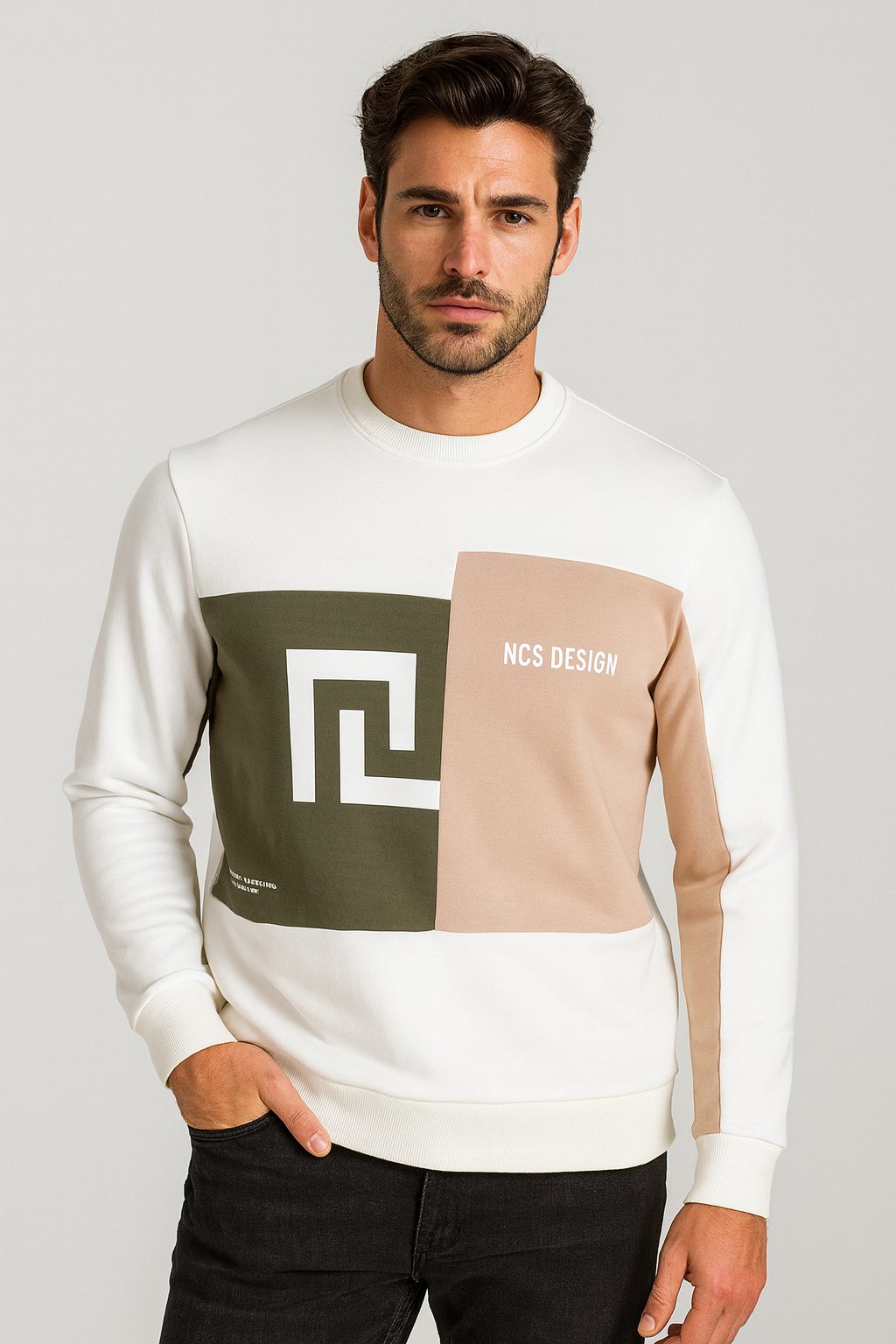 NCS JEANS Erkek Sweatshirt Beyaz Monogram Desenli Logo Detaylı Relaxed Fit Crewneck NCS JEANS 1625