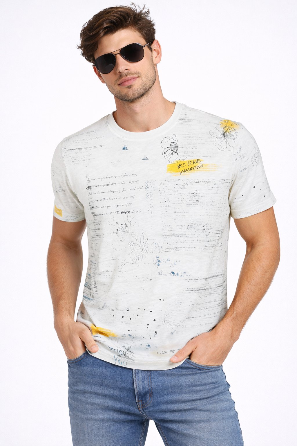 NCS JEANSErkek Tişört Bisiklet Yaka Beyaz %100 Pamuk Slim Fit Baskılı T-shirt NCS JEANS 19531953