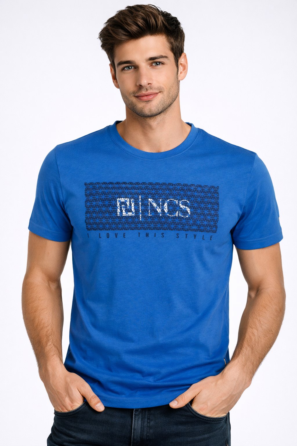NCS JEANSErkek Sax Yüksek Baskı Slim Fit Bisiklet Yaka Baskılı %100 Pamuk T-shirt Jeans 1925 1925