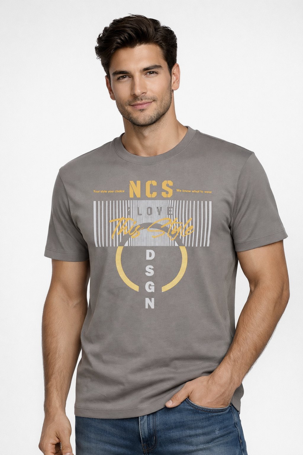 NCS JEANSErkek Tişört Bisiklet Yaka Slim Fit Açık Haki %100 Pamuk Baskılı T-shirt NCS JEANS 13001300