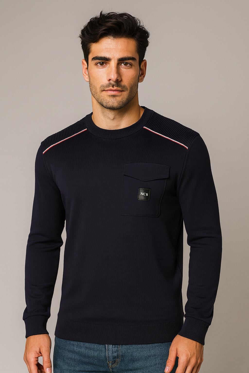 NCS JEANS Erkek Triko Bisiklet Yaka Cep Detaylı Lacivert 3753