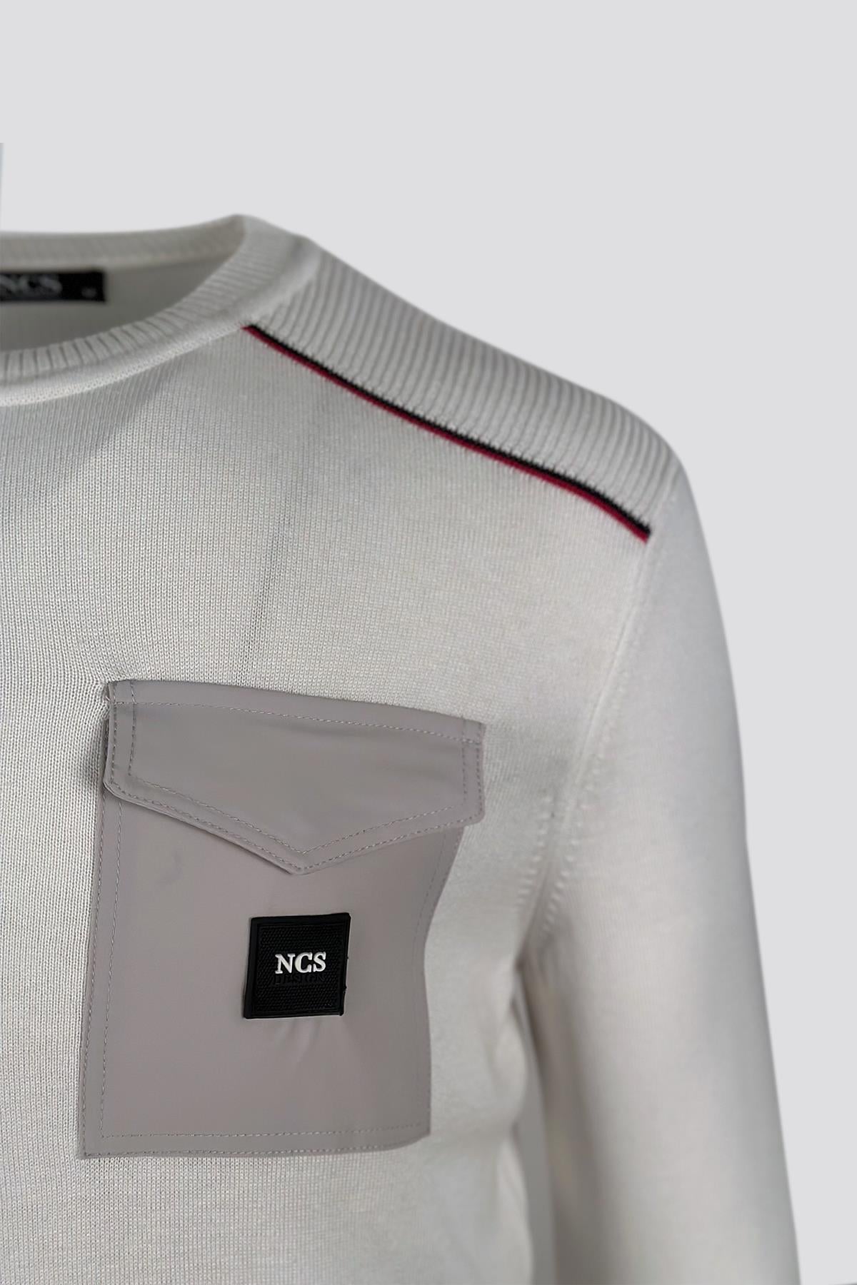 NCS JEANS Erkek Triko Bisiklet Yaka Cep Detaylı Beyaz 3753