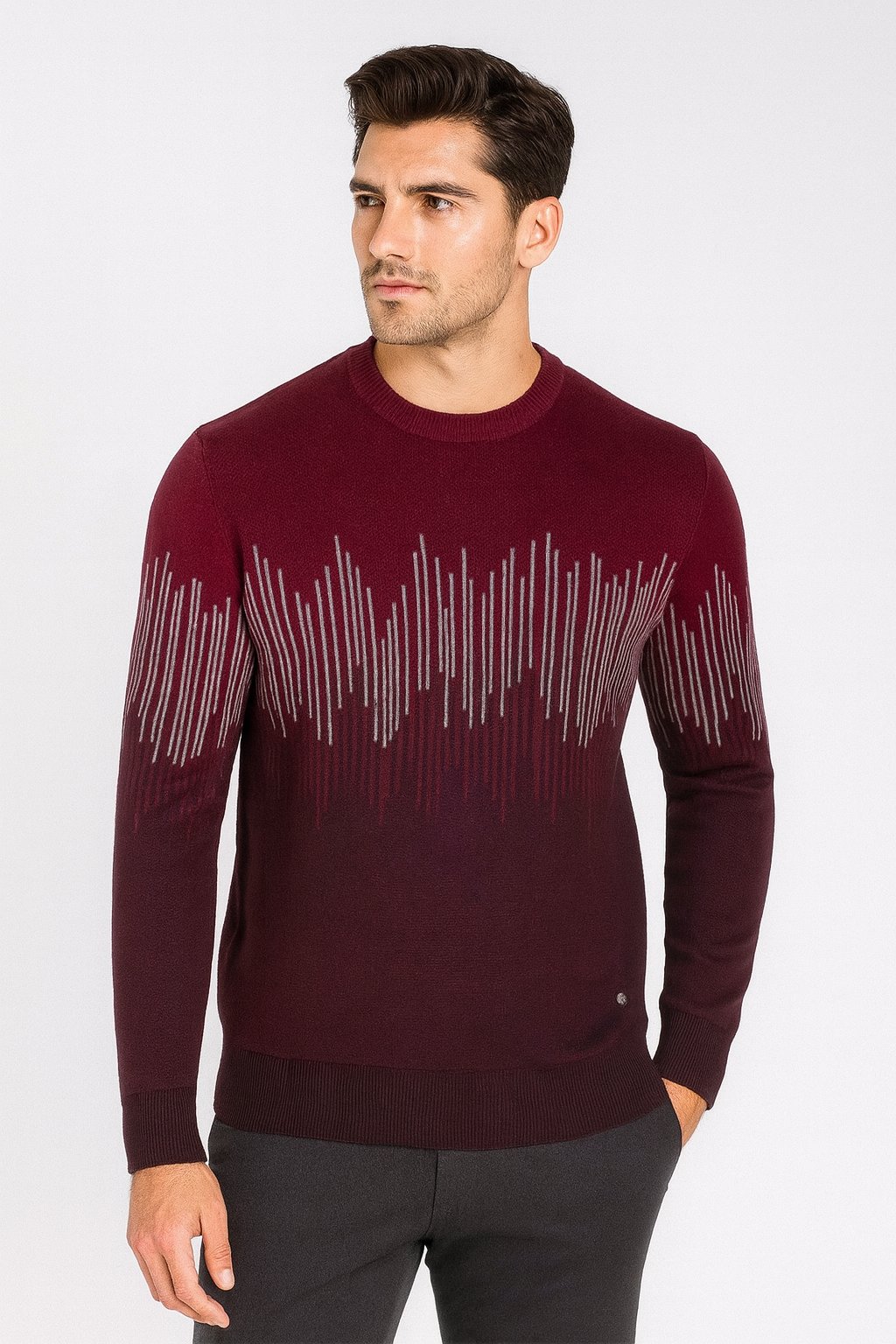 Erkek Triko Bordo Bisiklet Yaka Desenli Slim Fit Pamuklu Kazak 3723