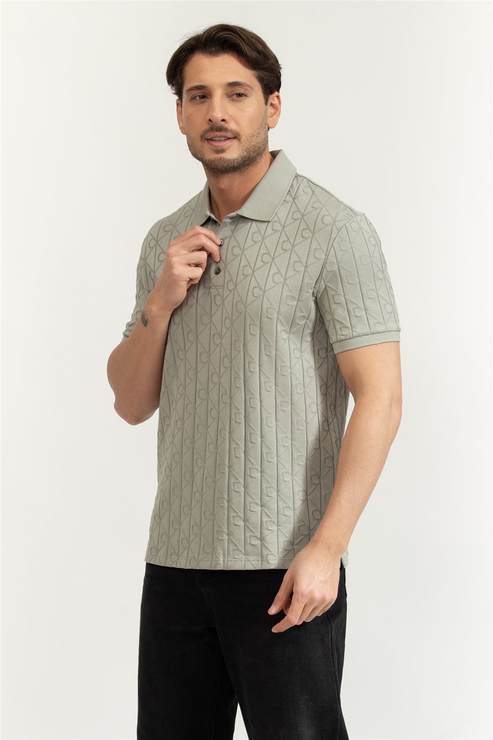 Calvin Klein SS DBL Mercerized Emblem Jacquar Erkek Polo Yaka Triko