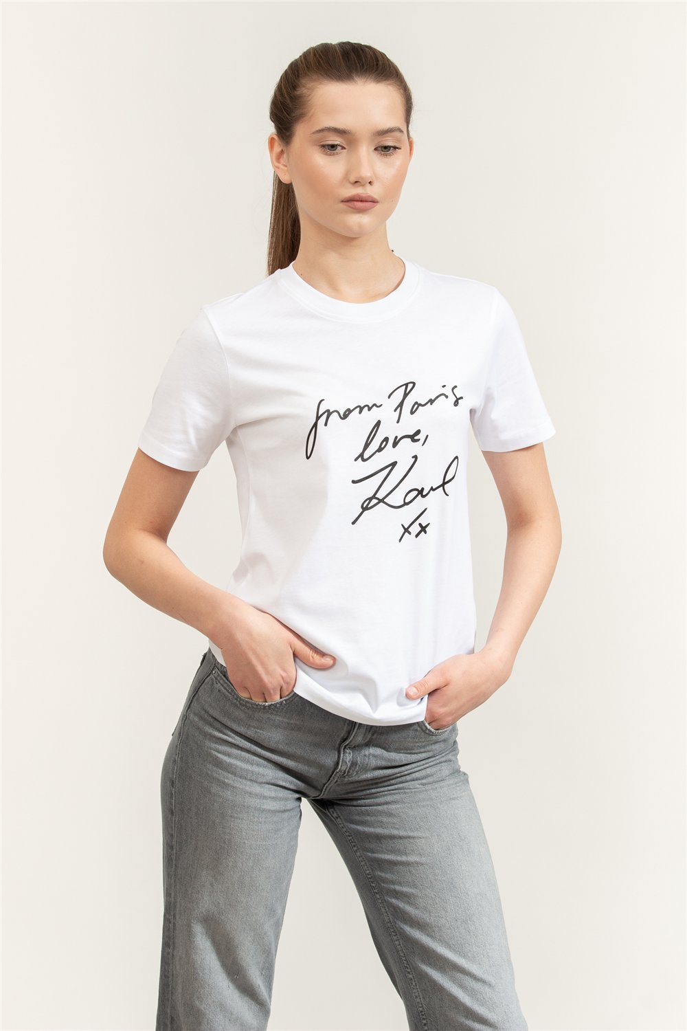 Karl Lagerfeld With Love T-Shirt Kadın Bisiklet Yaka T-Shirt Beyaz