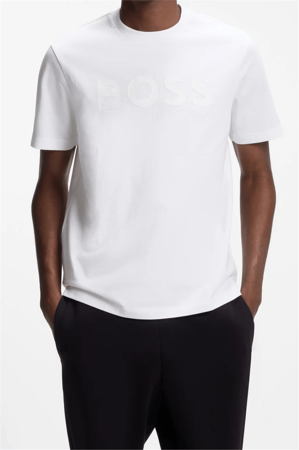 BOSS Ts Structure Logo Erkek Bisiklet Yaka T-Shirt Beyaz