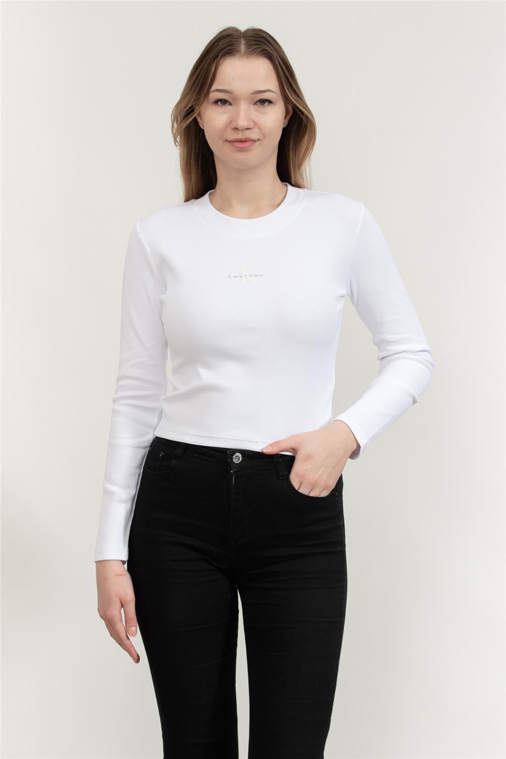 Calvin Klein A- Ls Monogram Baby Tee Kadın Bisiklet Yaka T-Shirt
