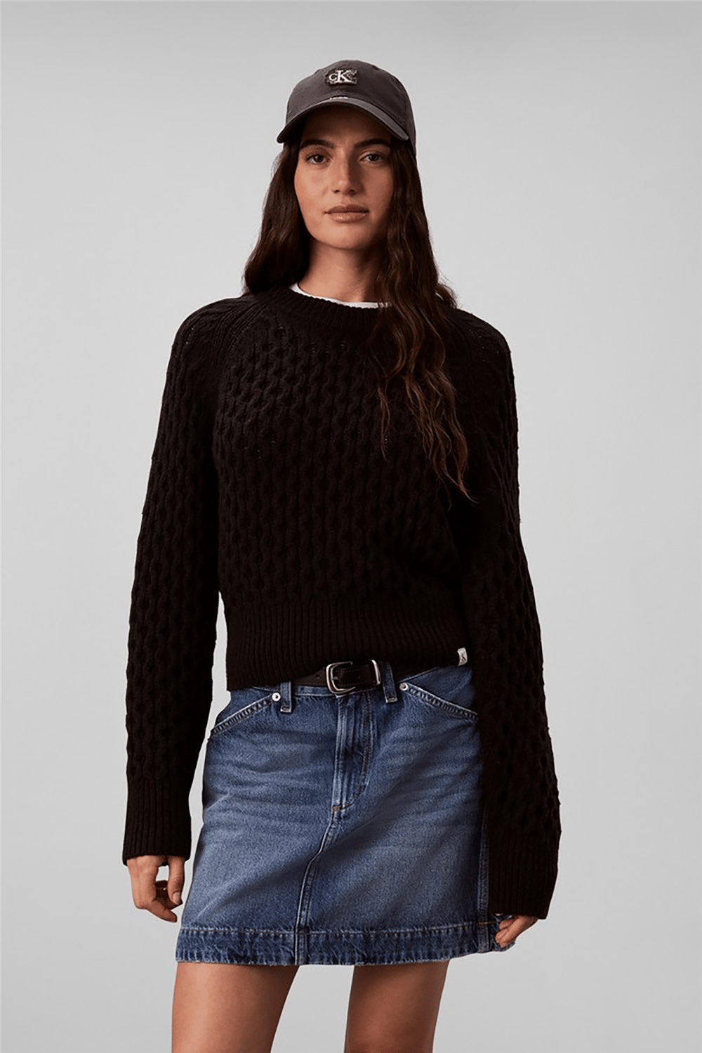 Calvin Klein Alpaca Honeycomb Cable Pullover Kadın Triko Siyah