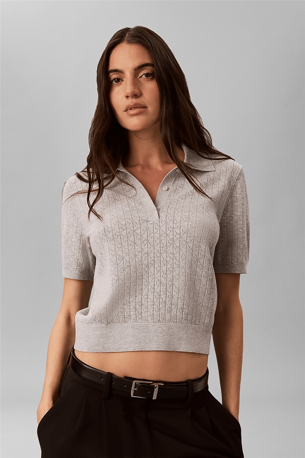 Calvin Klein Aop Pointelle Polo Kadın Triko Gri