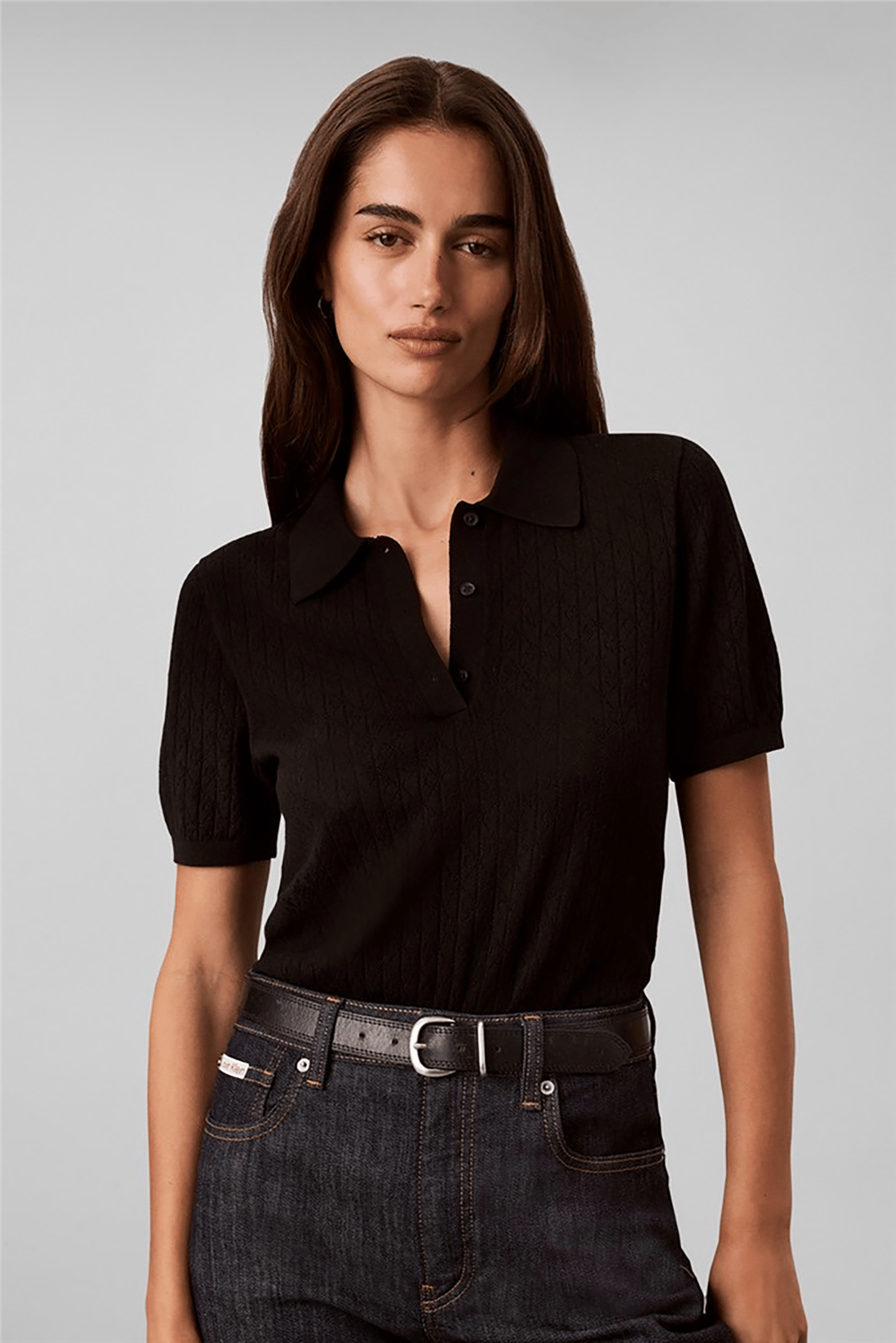 Calvin Klein Aop Pointelle Polo Kadın Triko Siyah