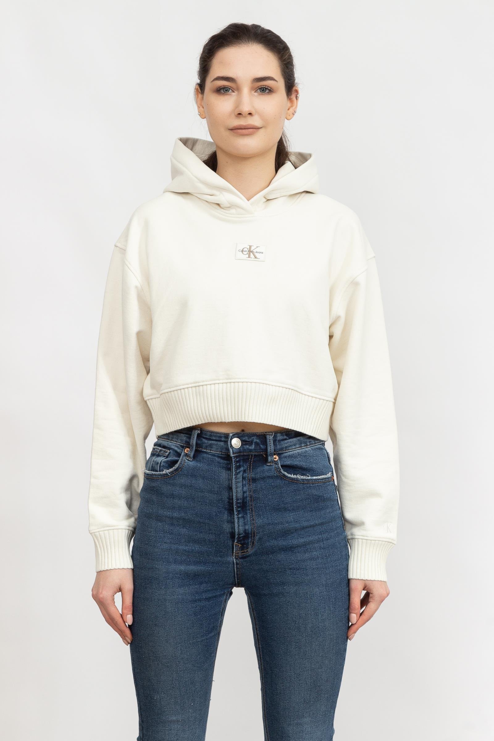 Calvin Klein Badge Wide Sleeves Crop Hoodie Kadın Kapüşonlu Sweatshirt