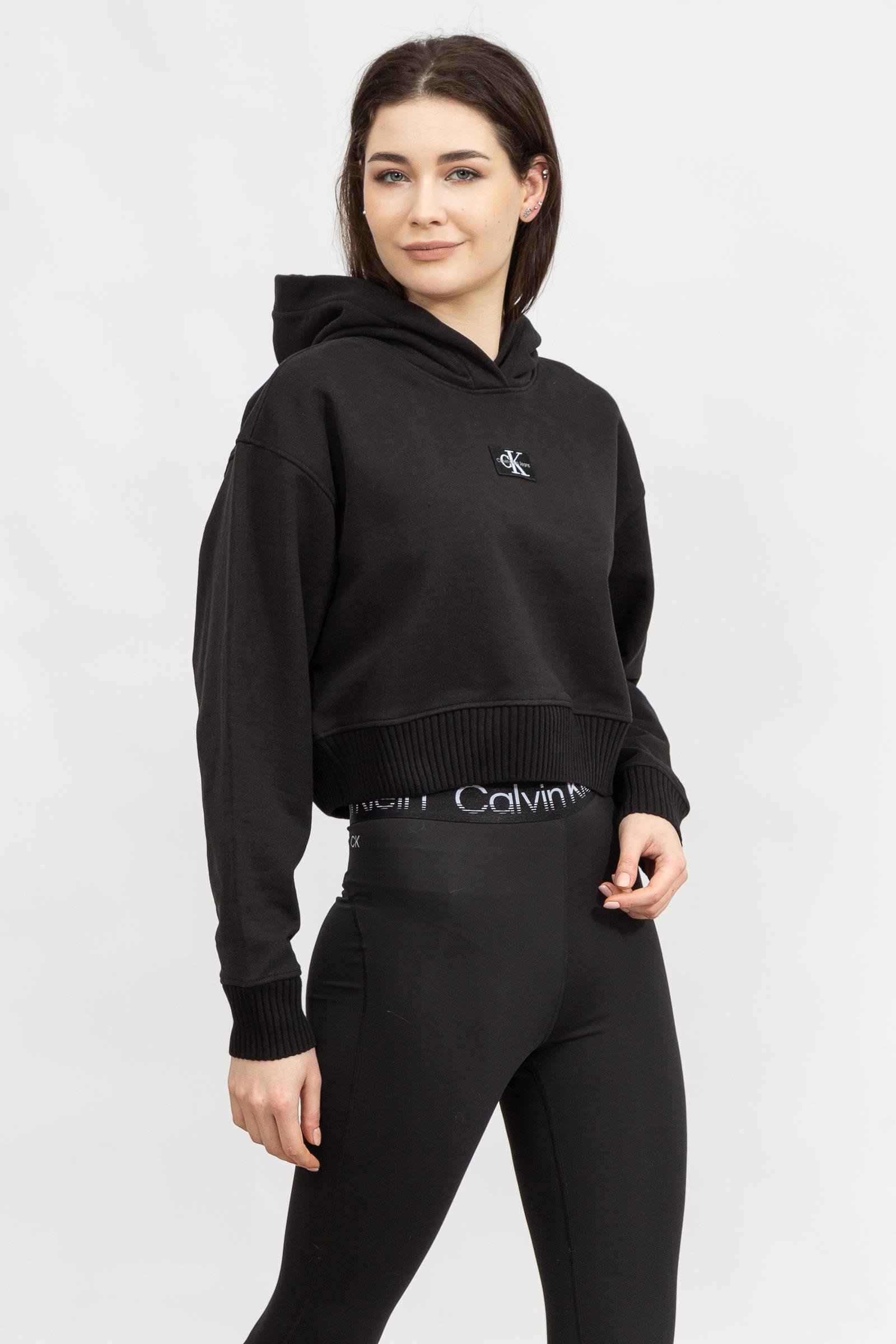 Calvin Klein Badge Wide Sleeves Crop Hoodie Kadın Kapüşonlu Sweatshirt