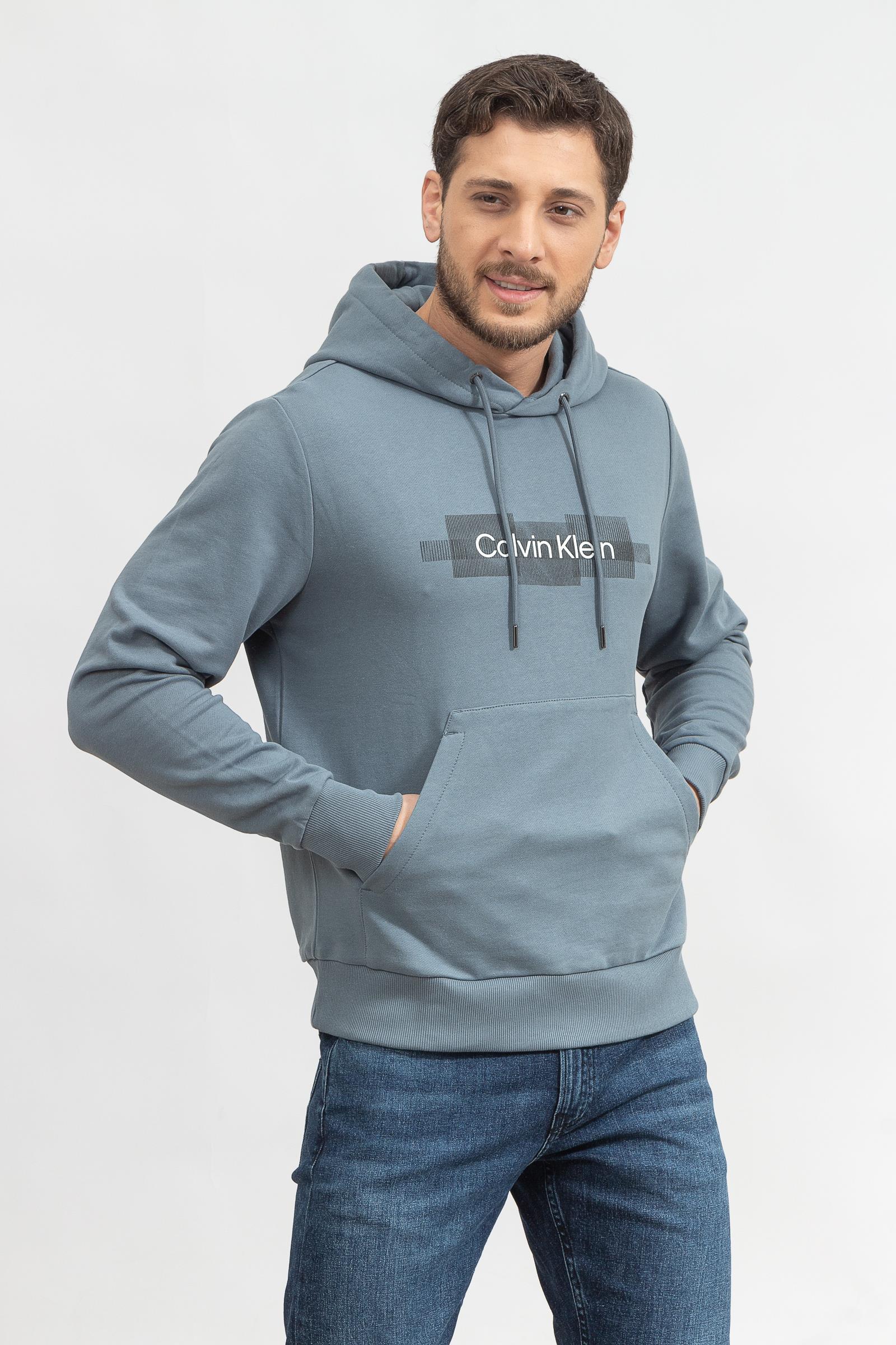 Calvin Klein Box Striped Logo Hoodie Erkek Kapüşonlu Sweatshirt