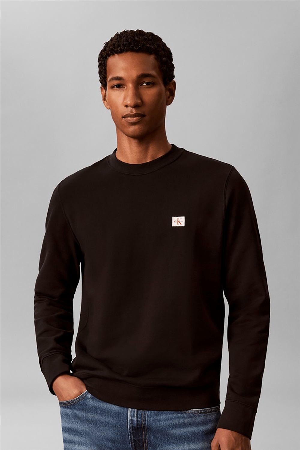 Calvin Klein Cl Ls 350Trry Wvn Lbl Cn Swtshrt Erkek Bisiklet Yaka Sweatshirt Siyah