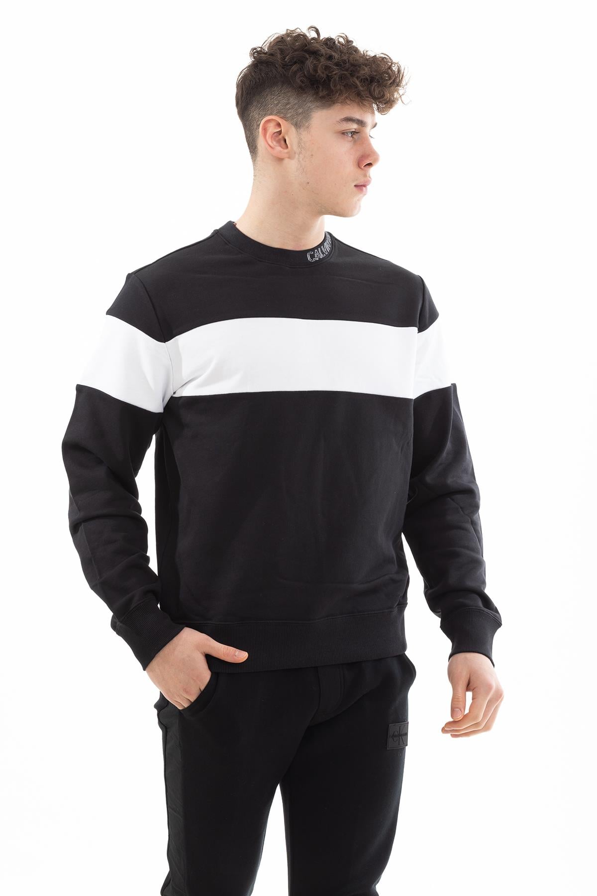 Calvin Klein  Collar Logo Block Stripe Erkek Sweatshirt