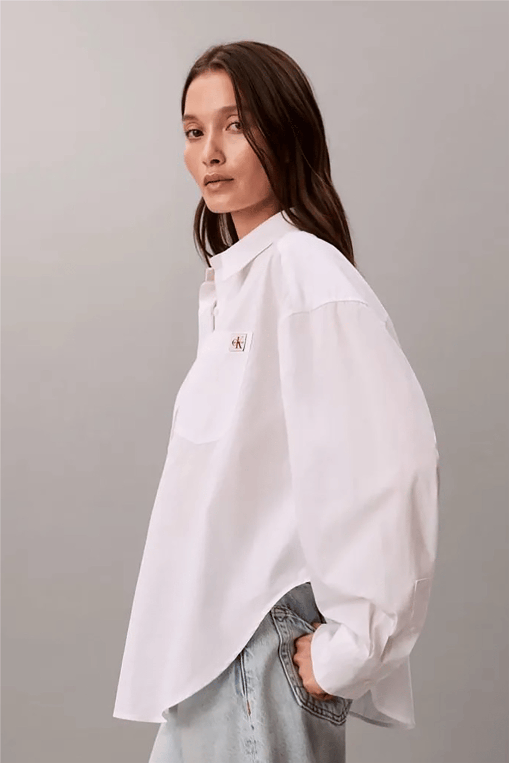 Calvin Klein Cotton Poplin Cropped Shirt Wove Kadın Gömlek Beyaz