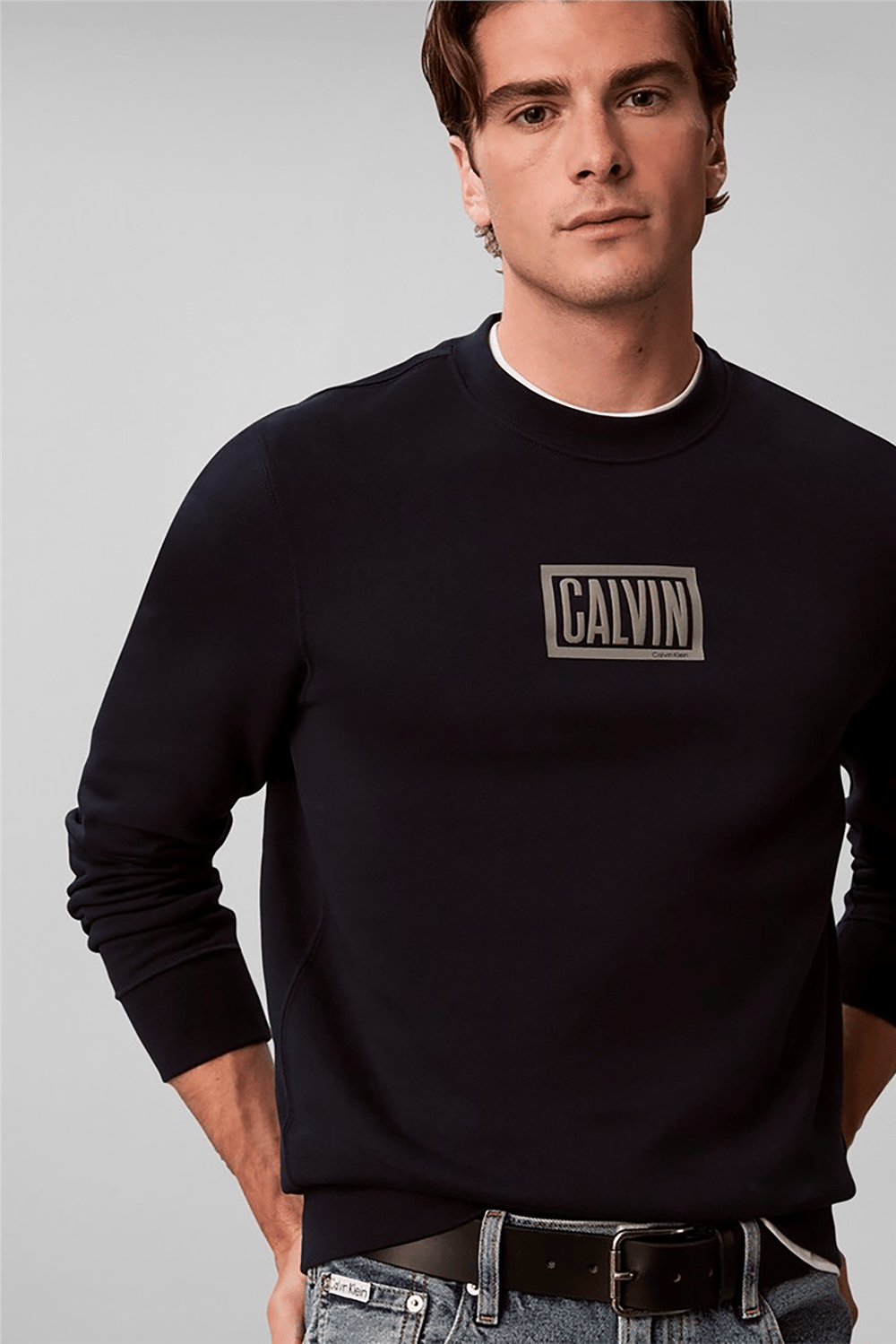 Calvin Klein Ls 350Terry Eu Clvin Box Logo Cn Erkek Bisiklet Yaka Sweatshirt Lacivert