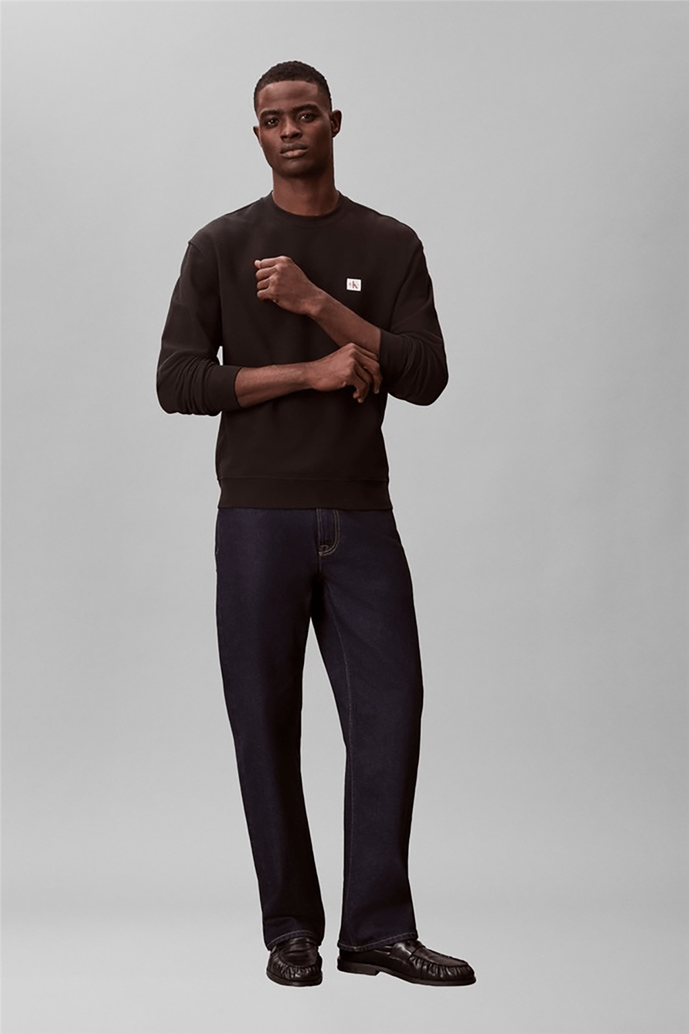 Calvin Klein Ls 350Terry Eu Whsl Badge Crewne Erkek Bisiklet Yaka Sweatshirt Siyah