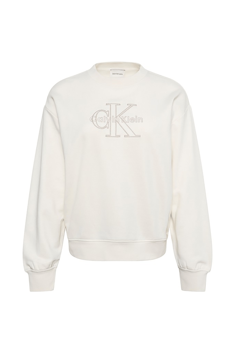 Calvin Klein Ls Baby Terry Seasonal Monologo Kadın Bisiklet Yaka Sweatshirt Beyaz