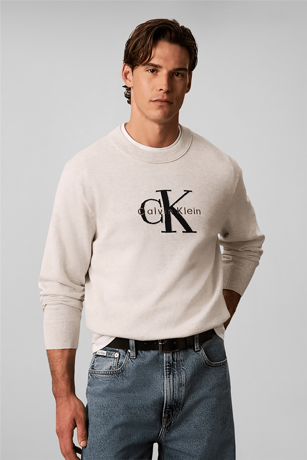 Calvin Klein Ls Clsc Cttn Mnlgo Crnk Str 12Gg Erkek Triko Beyaz