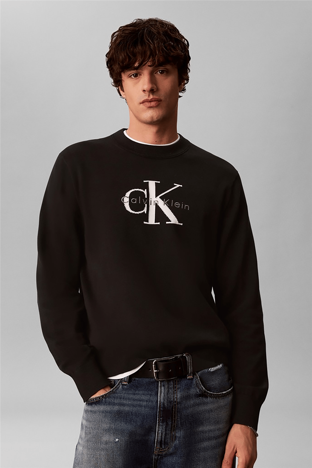 Calvin Klein Ls Clsc Cttn Mnlgo Crnk Str 12Gg Erkek Triko Siyah